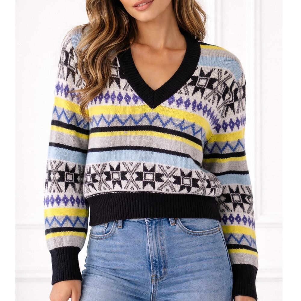 AKEP Nordic Fair Isle Wool Knit Sweater V Neck Gray Yellow Size IT 38